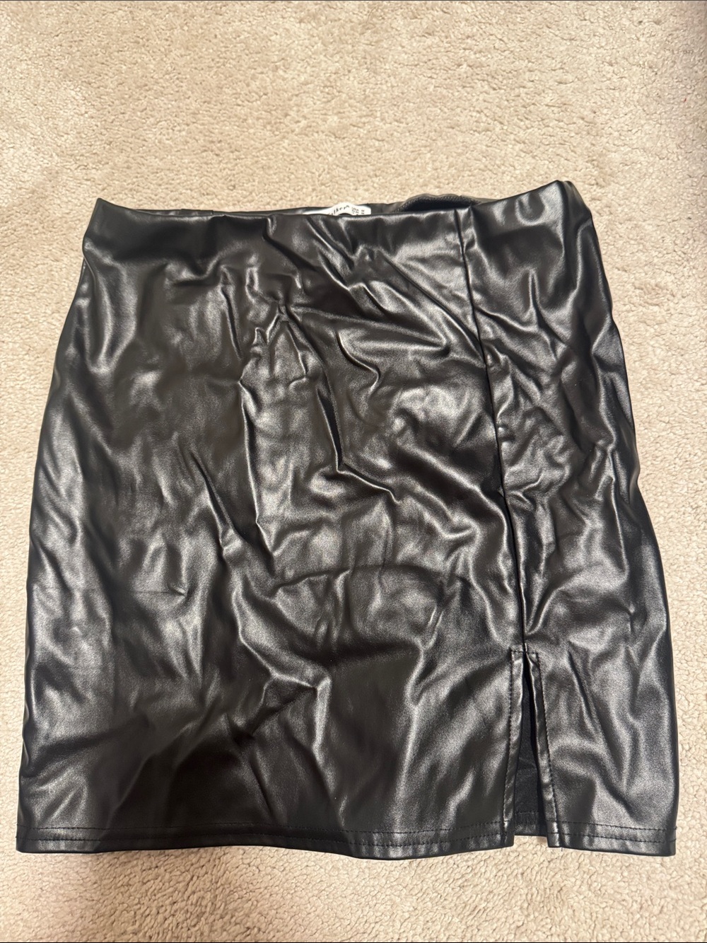 Black Faux Leather Mini Skirt with Front Slit